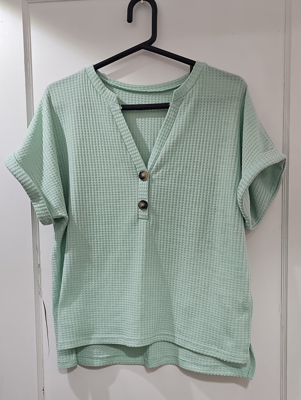 SHEIN Mint Waffle Henley Short Sleeve Top
